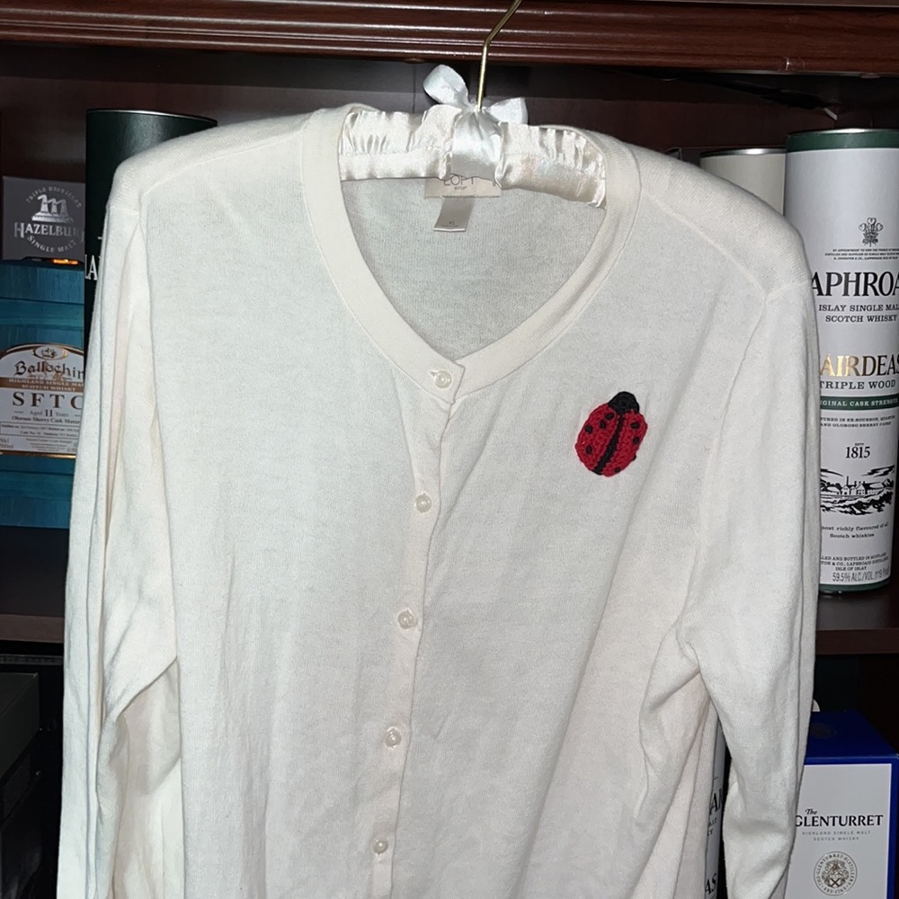 Women's Cream Button-Up Sweater Cardigan with Red Ladybug Embroidery